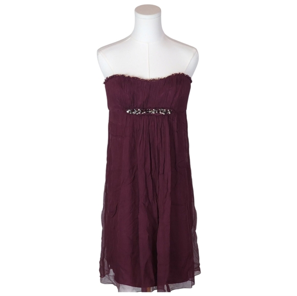 BCBGMAXAZRIA 100% Silk Strapless Burgundy Dress Beaded Empire Waist Size 10 - Picture 1 of 10